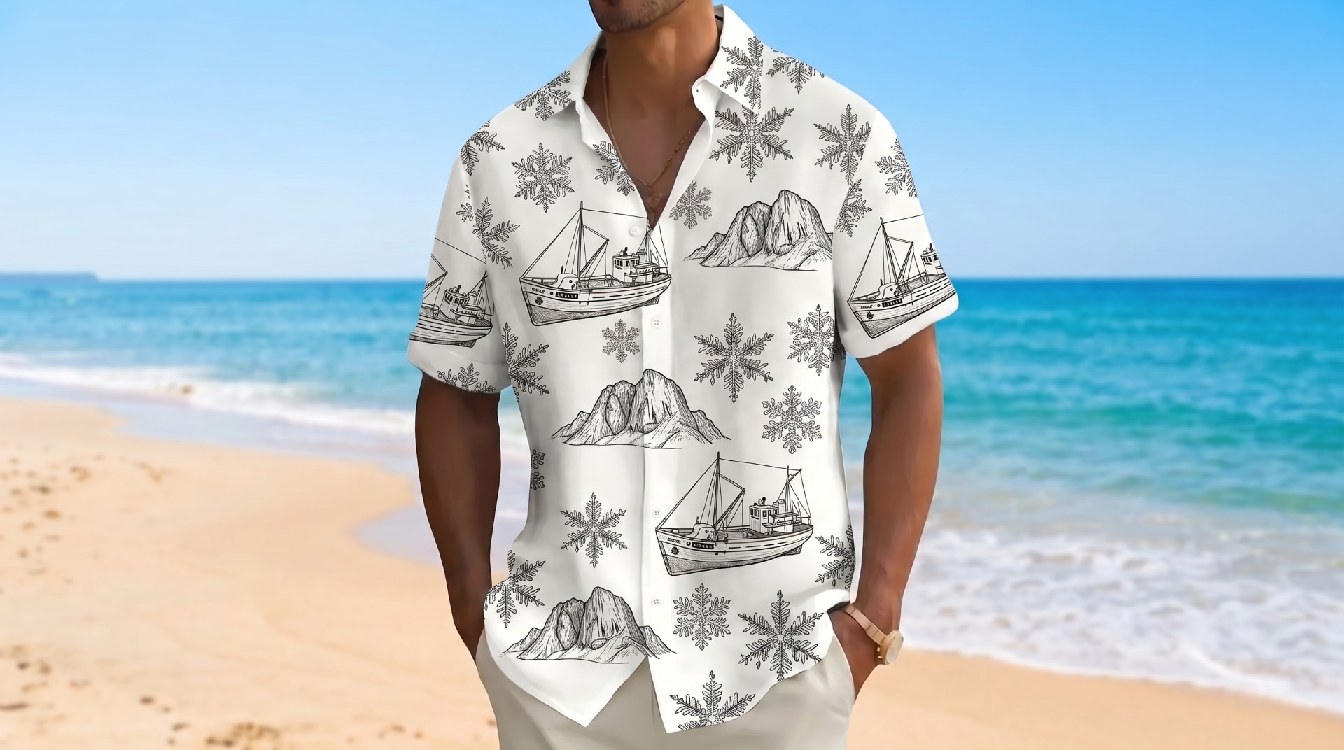 Man on a tropical beach wearing a white Arctropic shirt printed with fishing boats, snowflakes and mountains.