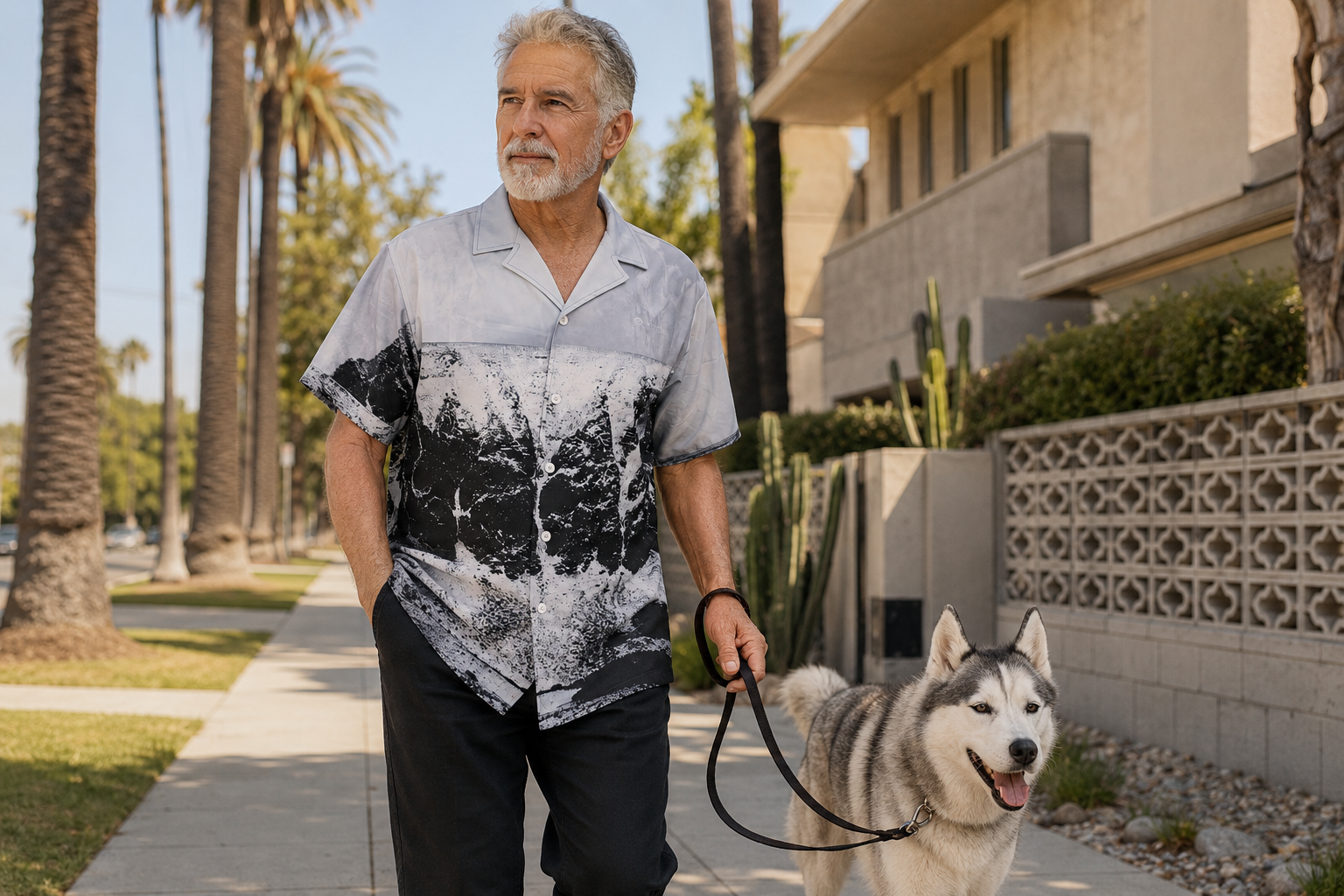 Man walking a husky along a palm-lined Los Angeles sidewalk wearing a black and white Arctropic shirt with a wave print.