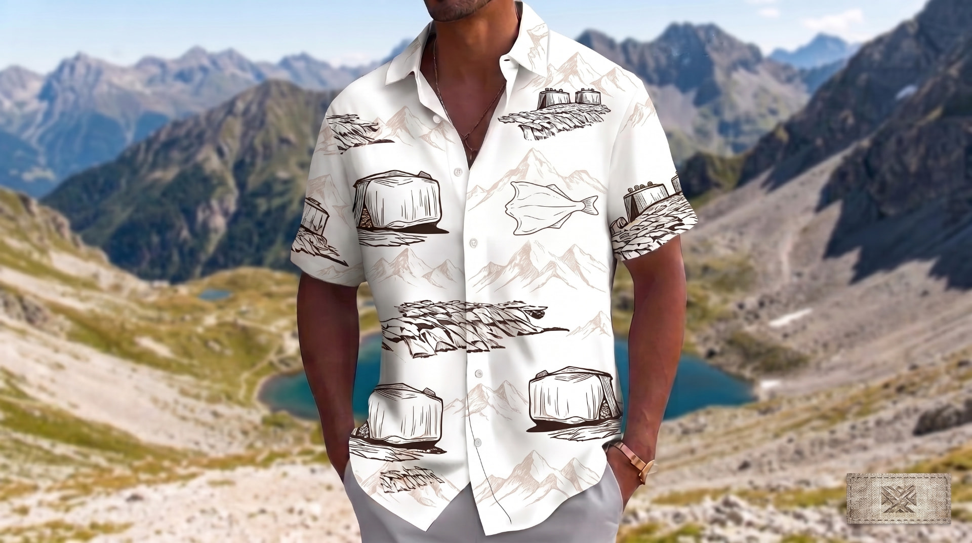 Man in an alpine landscape wearing a white Arctropic shirt printed with mountains, halibut and fish-drying racks.