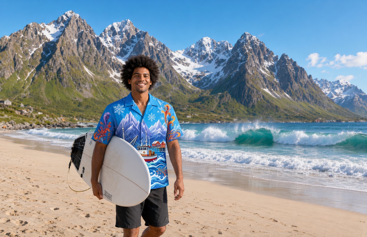 Surfer carrying a board on the beach at Unstad in Lofoten, wearing an Arctropic shirt with fishing boat and snowflake print.