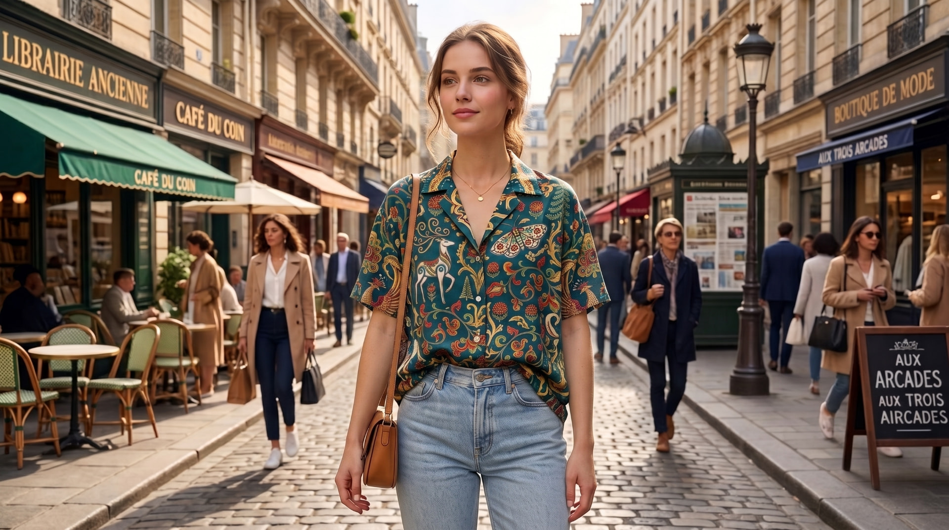 Woman on a Parisian street wearing a green Arctropic shirt with Norwegian rosemaling and folk motifs.