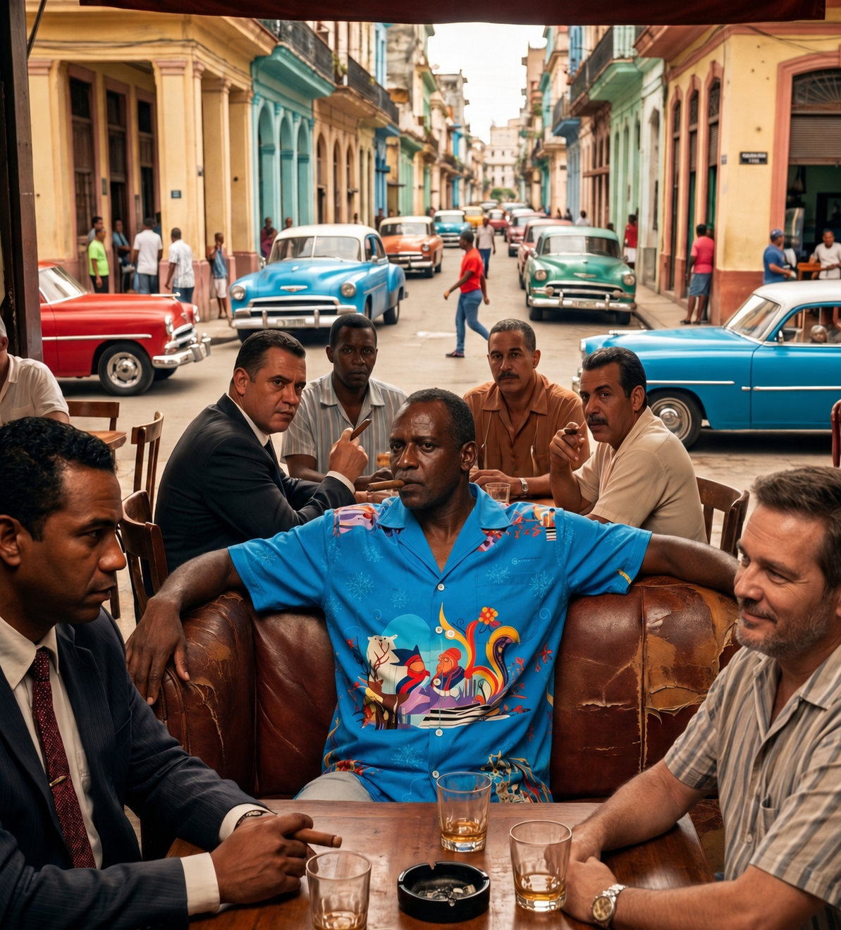Man in a bright blue Arctropic shirt sitting at an outdoor café in Havana with friends, cigars and colourful classic cars in the background.