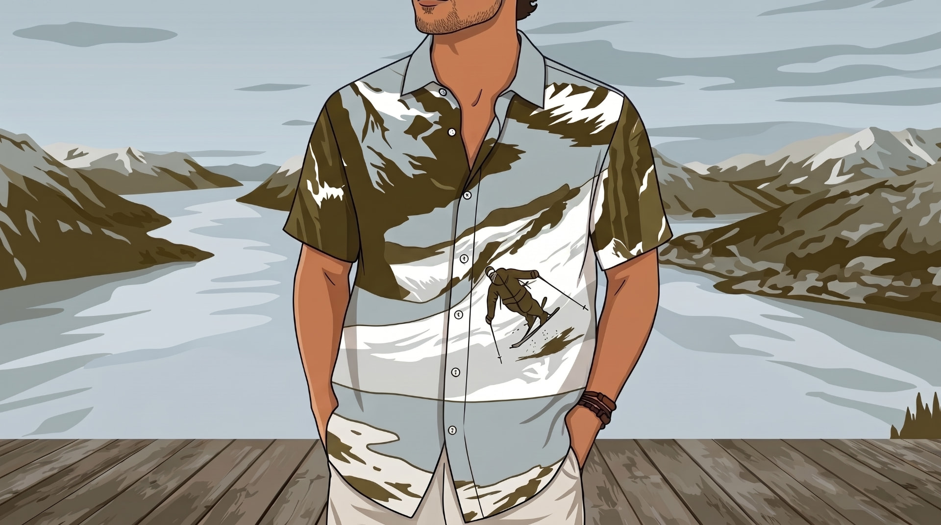 Illustrated portrait of a man by a fjord wearing an Arctropic shirt printed with snowy mountains and a telemark skier.