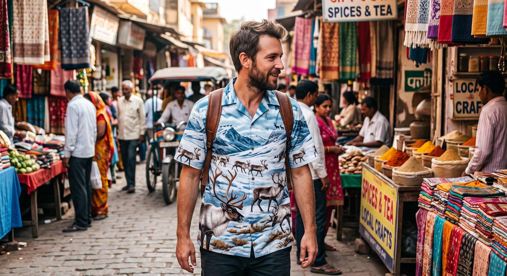 Man walking through a colourful Indian street market wearing an Arctropic shirt printed with reindeer and snow-covered mountains.