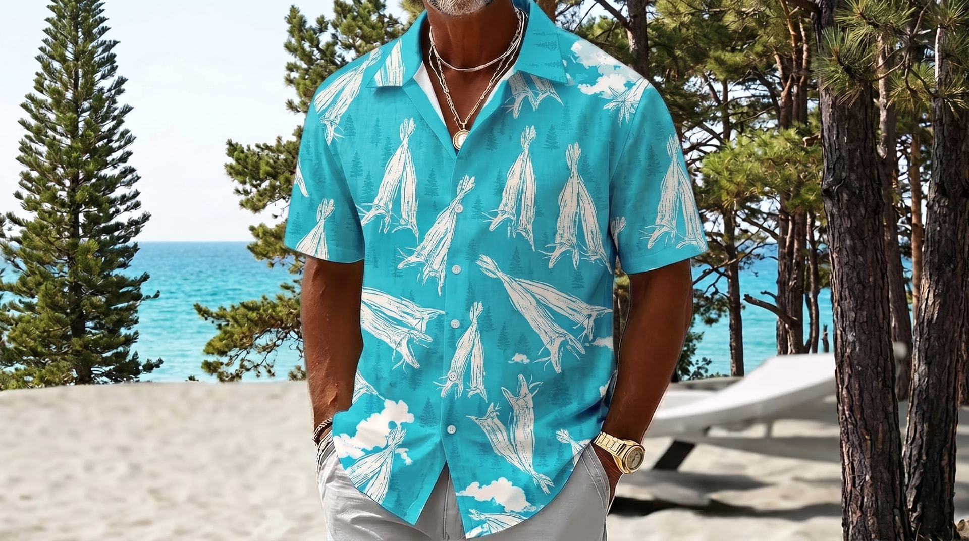 Man on a pine-lined beach wearing a turquoise Arctropic shirt printed with dried cod and spruce trees.