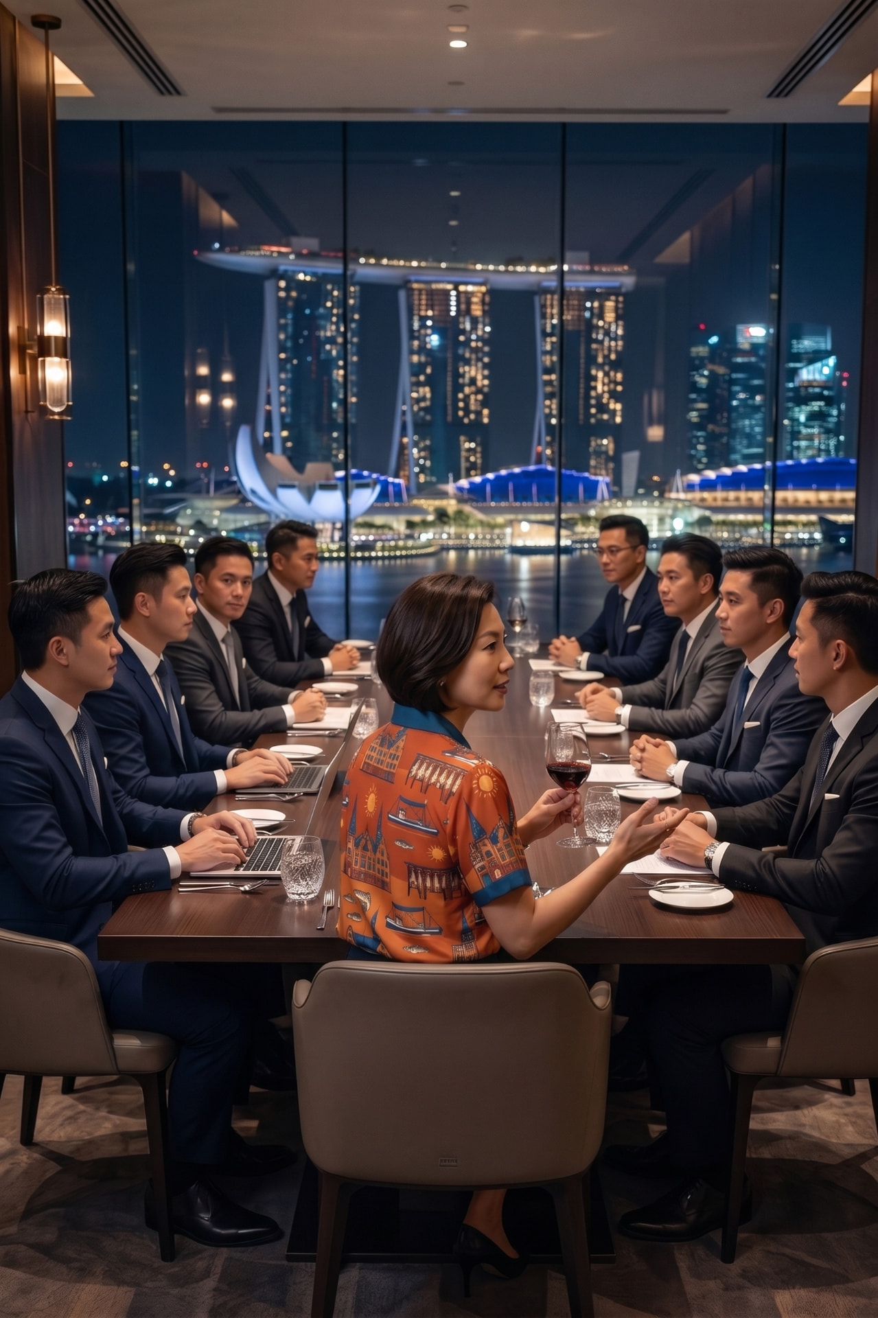 Woman leading a boardroom meeting overlooking the Singapore skyline at night, wearing an orange Arctropic shirt with printed city motifs.